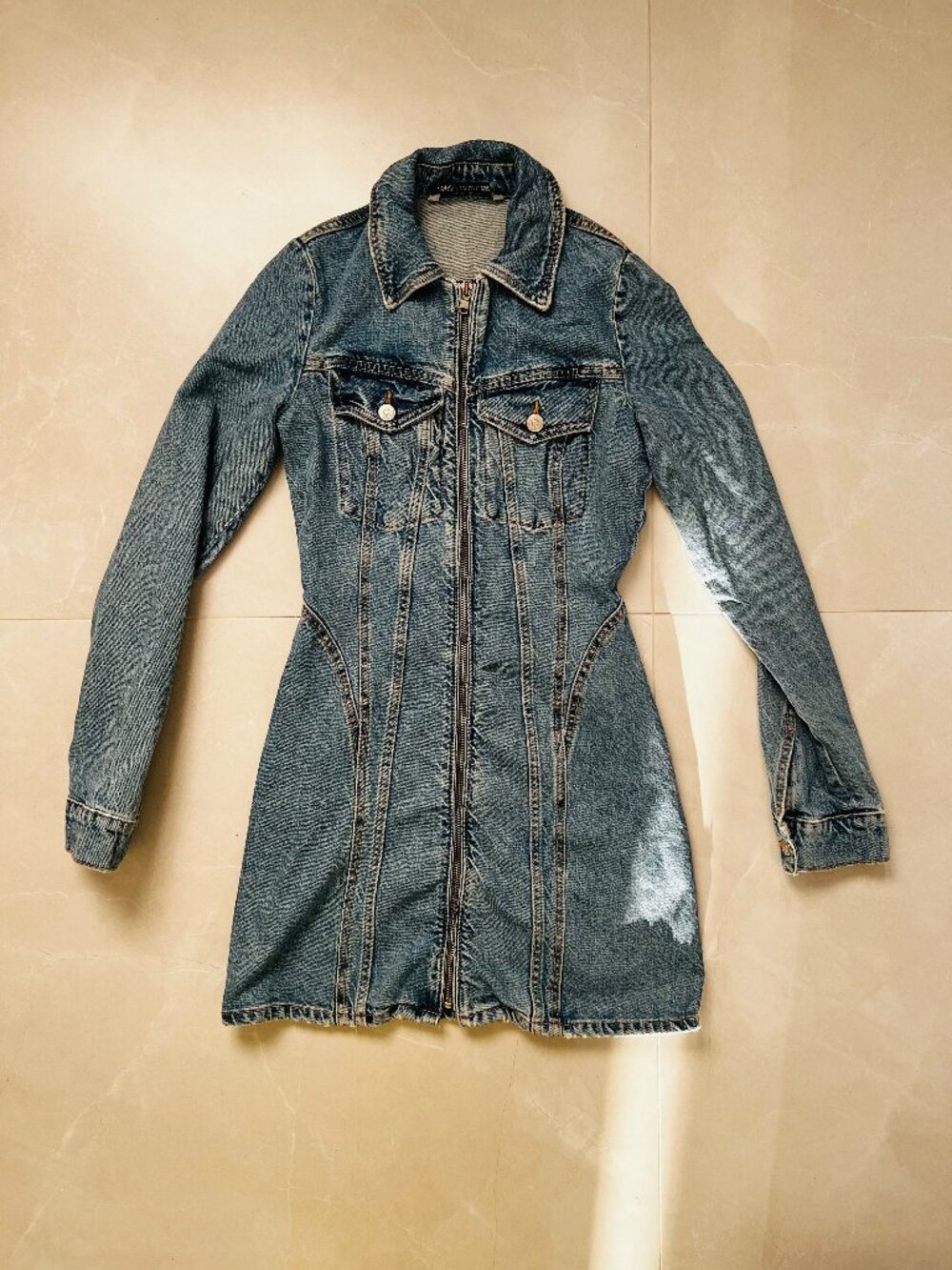 Zara Fitted Zip Front Denim Mini Dress Long Sleeve (Size XS)
